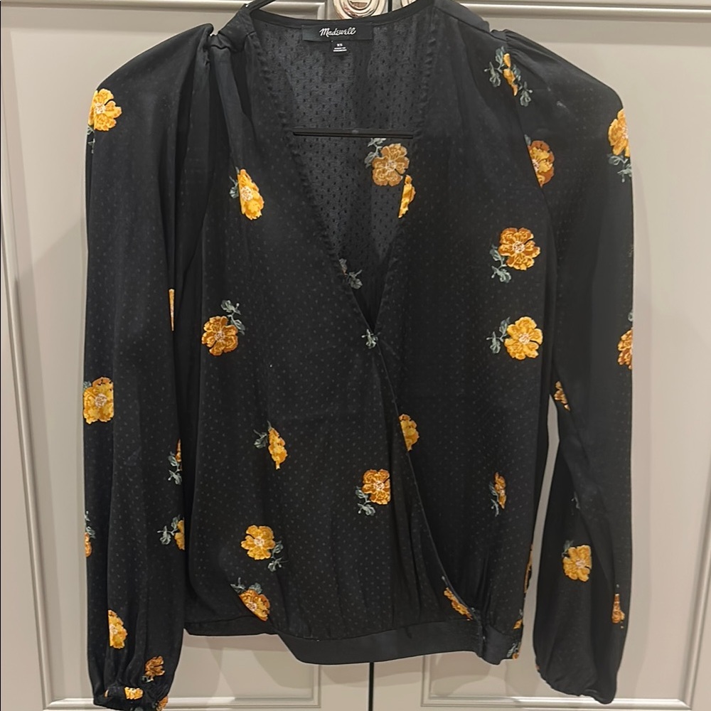 Madewell Black Floral Wrap Top